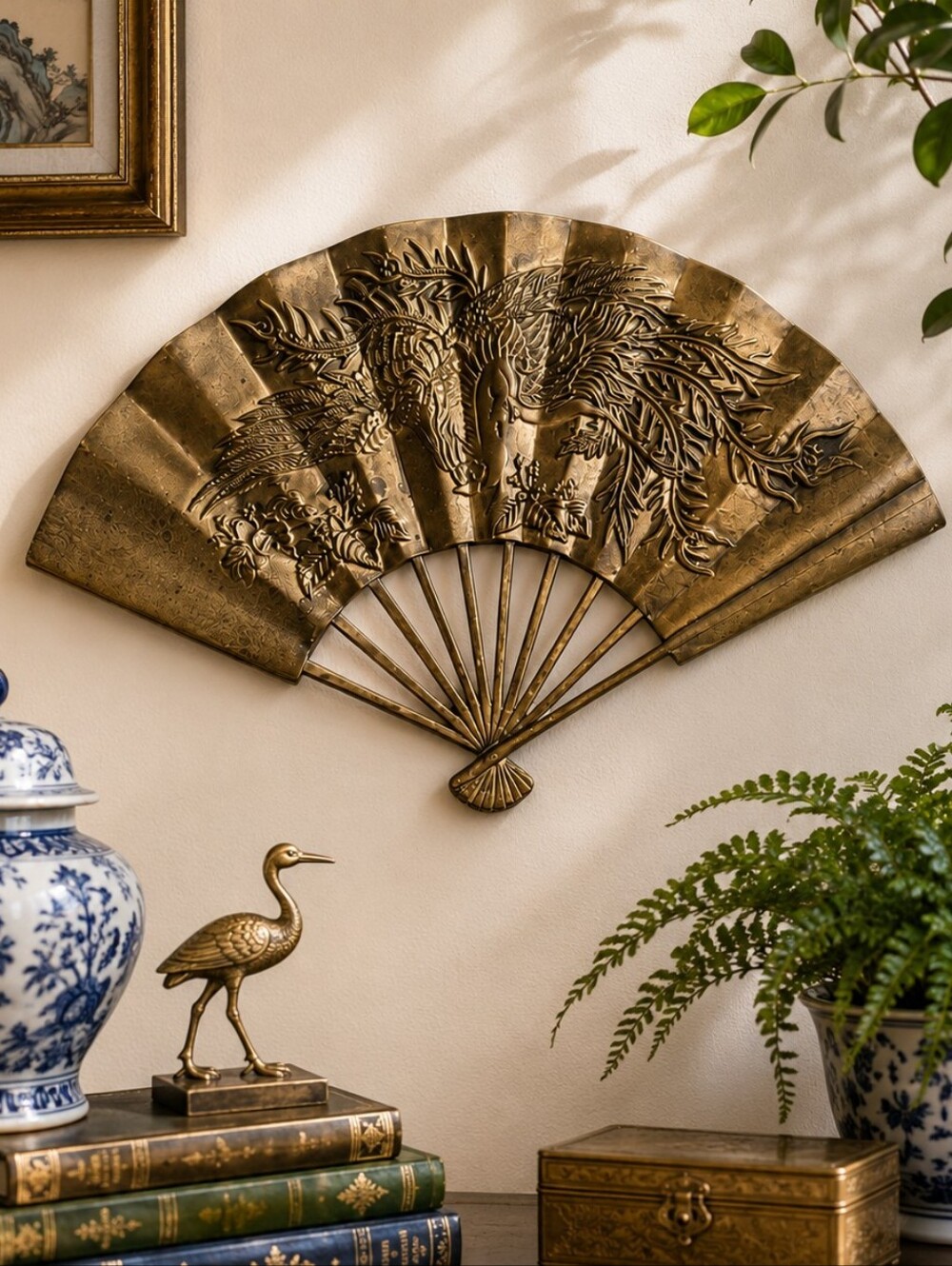 Vintage Brass Phoenix Fan Wall Decor Chinoiserie Hollywood Regency Enesco